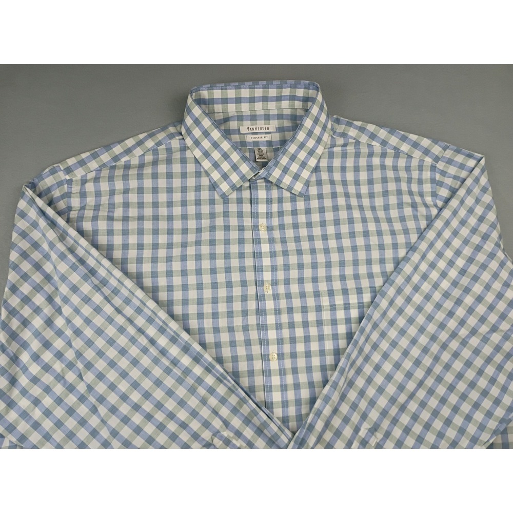 Van Heusen Mens Classic Fit Gingham Wrinkle Free Dress Shirt 18.5 36/37 Blue